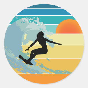 Surfer Girl Vintage Sonnenuntergang Runder Aufkleber