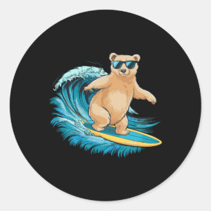Surfer Grizzlybär Strand Sommer Surfbrett Surfen Runder Aufkleber