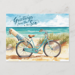 Surfer-Gruß vom Meer mit Brett und Fahrrad Feiertagspostkarte