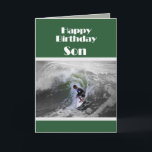 Surfer Happy Birthday Son Card Karte<br><div class="desc">Ein erfahrener junger Surfer fährt die Wellen.</div>