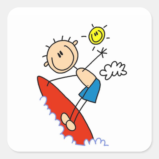 Surfer-Junge-Stickfigur Quadratischer Aufkleber (Vorderseite)