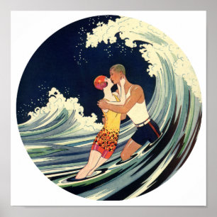 Surfer-Liebhaber, die Vintage Illustration küssen Poster