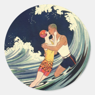 Surfer Liebhaber Küssen Vintage Illustration Runder Aufkleber