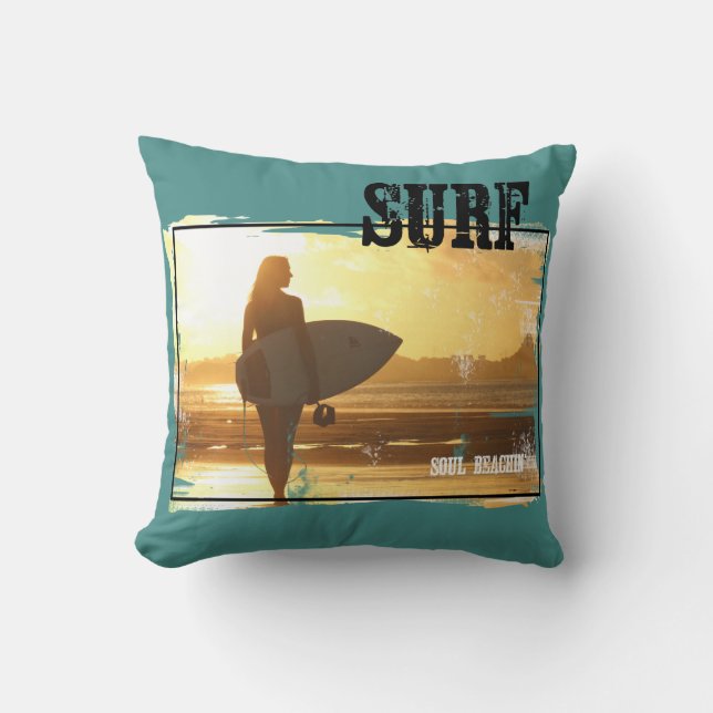 Surfer-Mädchen-Kissen-Brandungs-Kunst Kissen (Vorderseite)