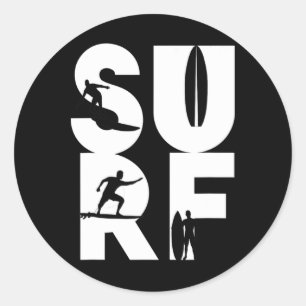 Surfer mit Surfboards in Surf Wave Rider und Idee Runder Aufkleber