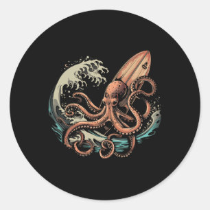 Surfer-Oktopus-Kraken-Surfbrett-Ozean-Surfer Runder Aufkleber