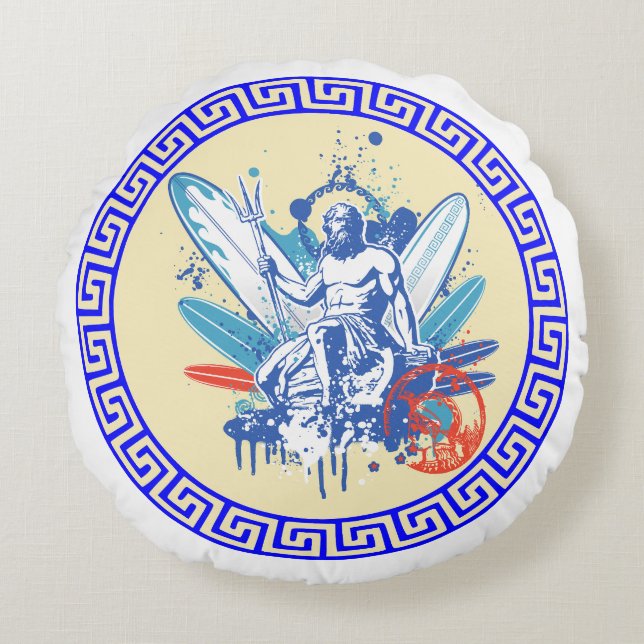 Surfer Poseidon Rundes Kissen (Vorderseite)