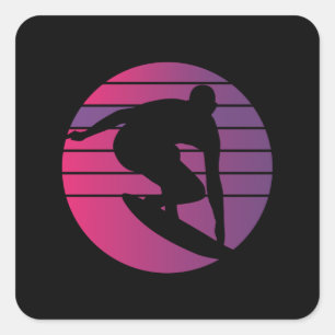 Surfer Retro Surfing Sunset Quadratischer Aufkleber