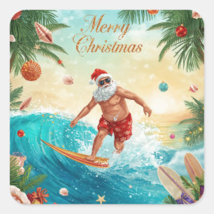 Surfer Santa Frohe Weihnachten Küstenfeiertag Quadratischer Aufkleber