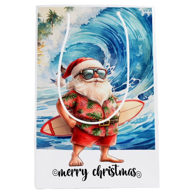 Surfer Santa with his surf board at the beach  Mittlere Geschenktüte (Vorderseite)