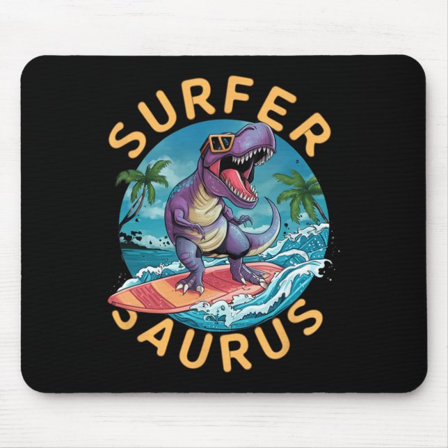 Surfer Saurus T-Rex Dinosaurier Surfen Dino Reiter Mousepad (Vorne)
