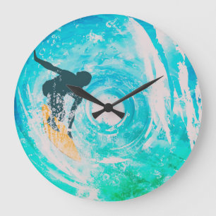 Surfer Silhouette And Blue Water Waves Wall Clock Große Wanduhr