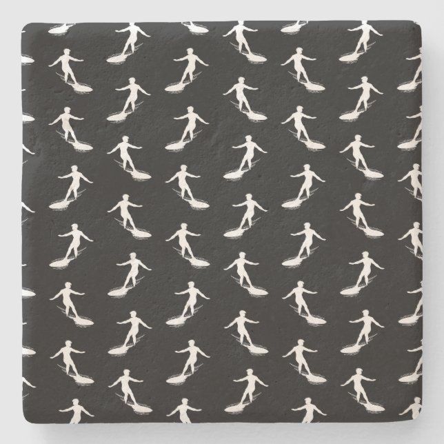 Surfer-Silhouette, die mit Surfbrett-Muster surft Steinuntersetzer (Vorderseite)