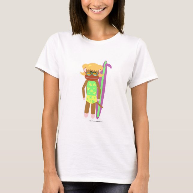 Surfer Sock Monkey Girl Niedlicher Cartoon Illustr T-Shirt (Vorderseite)