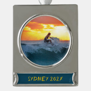 Surfer Surft Foto Personalisiertes Weihnachten Banner-Ornament Silber