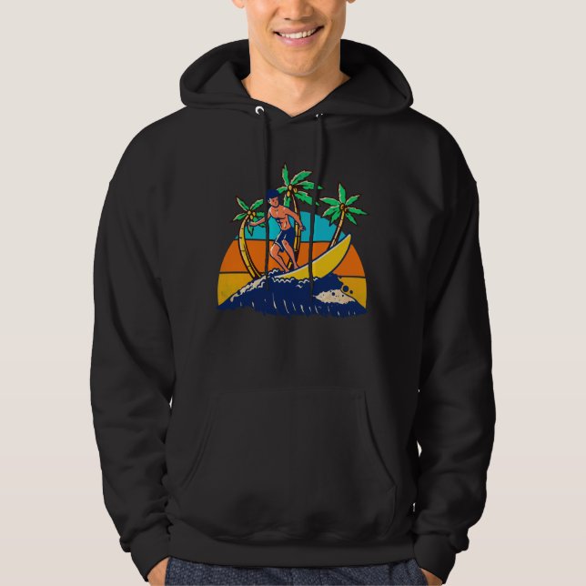 Surfer tropischer Retro-Sonnenuntergang Hoodie (Vorderseite)