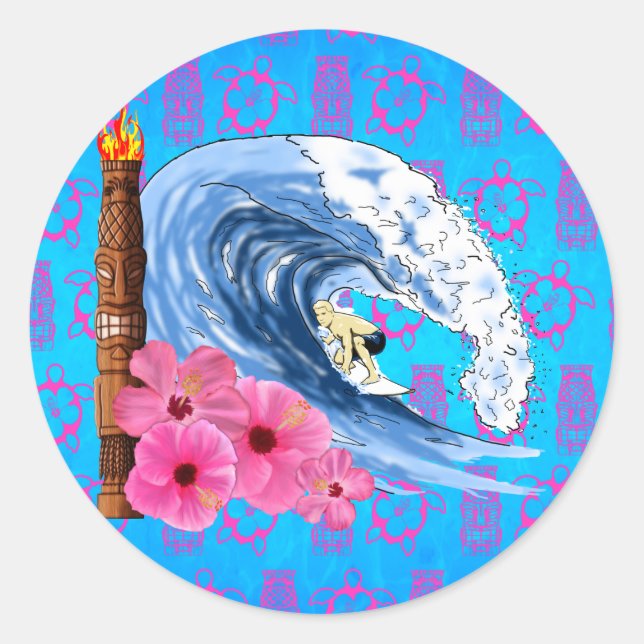 Surfer und Tiki Statue Runder Aufkleber (Vorderseite)