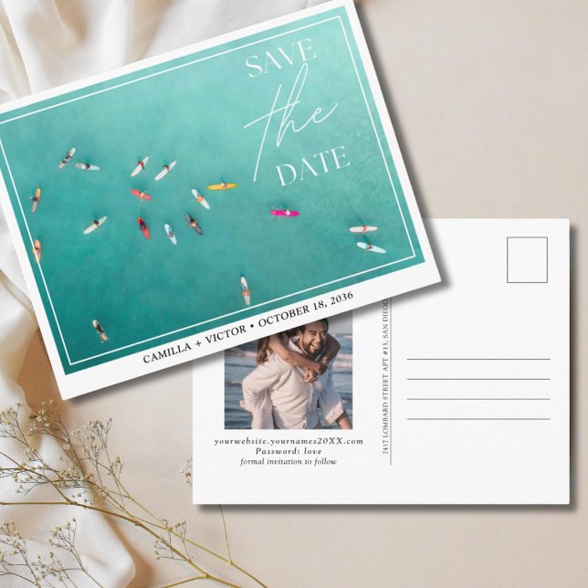 Surfer Wedding Blue Ocean Save the Date Postcard Postkarte (surfer wedding)