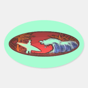 Surfer Wellen Meer grüne Kunst Strand-Szene Aufkle Ovaler Aufkleber