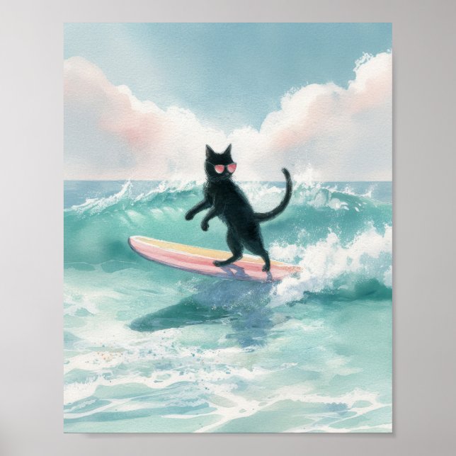 Surfer Whimsical Black Cat Wasserfarbe Kunst Poster (Vorne)