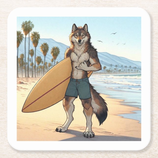 Surfer Wolf   Rechteckiger Pappuntersetzer (Vorderseite)