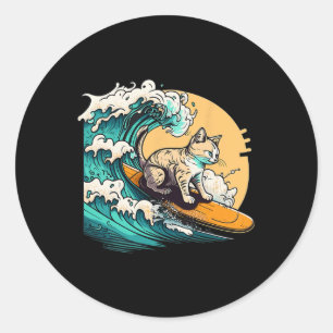 Surferkatze, Katze auf Surfbrett, Katze reitet Wel Runder Aufkleber