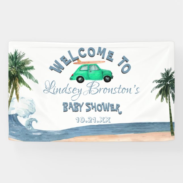 Surfing Car Coconut Tree Blue Beach Baby Dusche Banner (Horizontal)