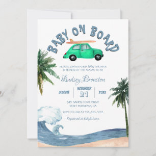 Surfing Car Coconut Tree Blue Beach Baby Dusche Einladung
