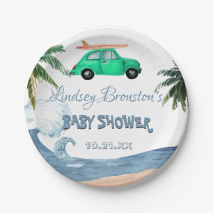 Surfing Car Coconut Tree Blue Beach Baby Dusche Pappteller