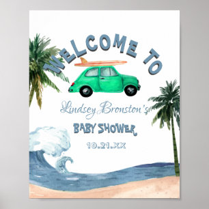 Surfing Car Coconut Tree Blue Beach Baby Dusche Poster