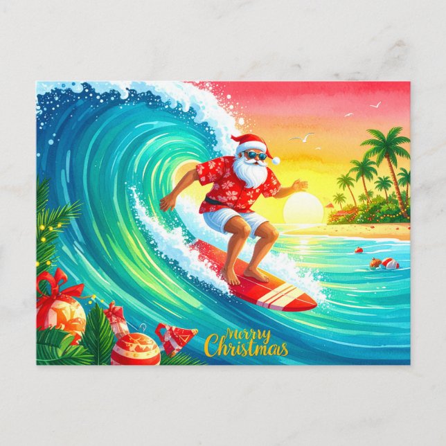 Surfing Christmas with Santa Claus Feiertagspostkarte (Vorderseite)