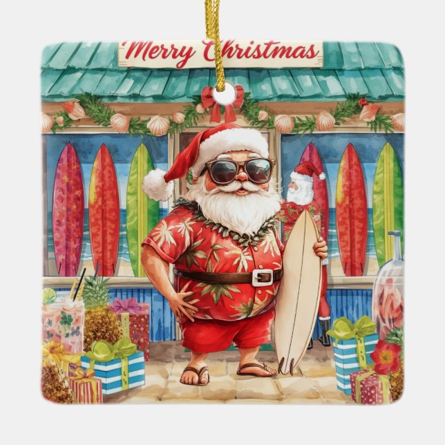 Surfing Christmas with Santa Claus surfer  Ceramic Keramikornament (Vorderseite)