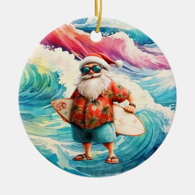Surfing Christmas with Santa Claus surfer  Keramik Ornament (Vorne)