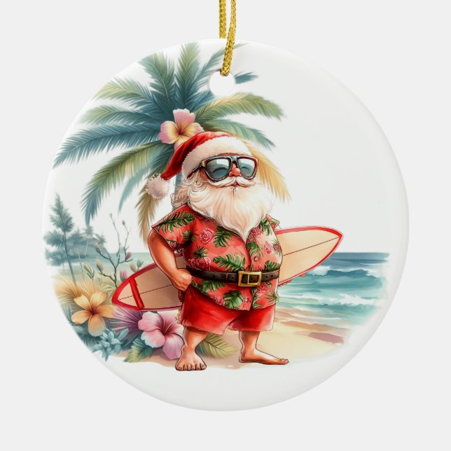 Surfing Christmas with Santa Claus surfer  Keramik Ornament (Vorne)