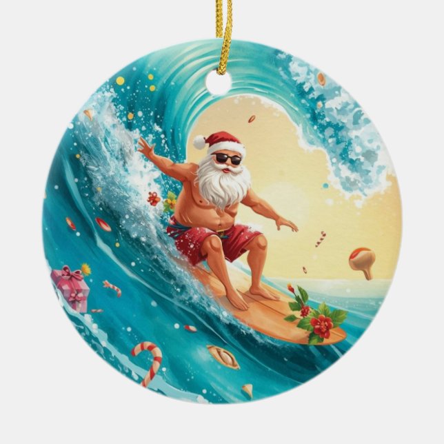 Surfing Christmas with Santa Claus surfer  Keramik Ornament (Vorne)