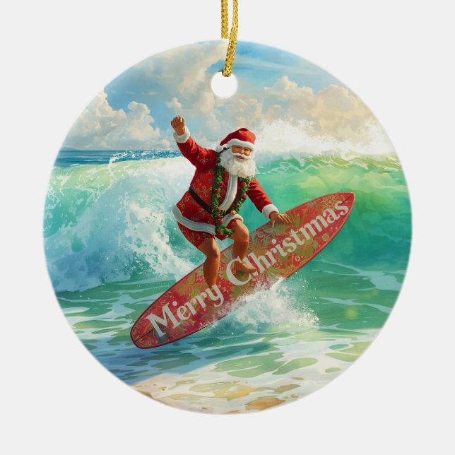 Surfing Christmas with Santa Claus surfer  Keramik Ornament (Vorne)