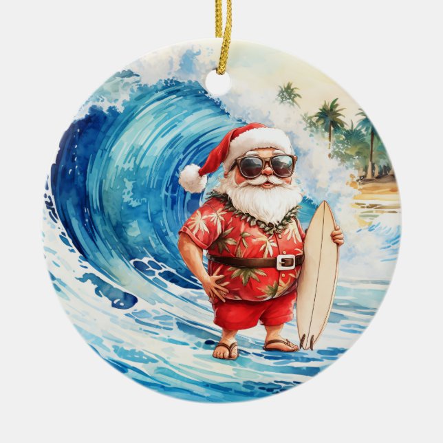 Surfing Christmas with Santa Claus surfer  Keramik Ornament (Vorne)