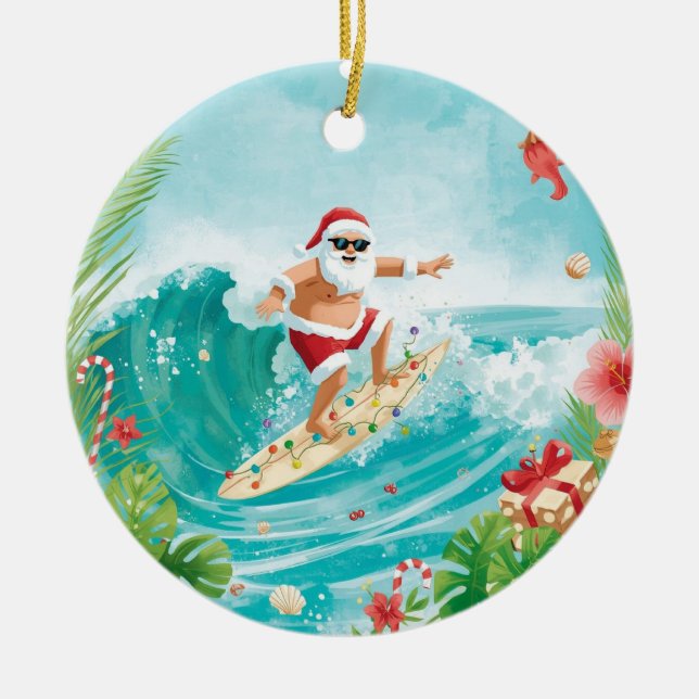 Surfing Christmas with Santa Claus surfer  Keramik Ornament (Vorne)