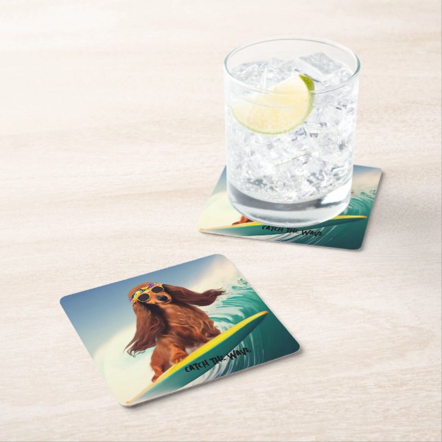 Surfing Dackel Drink Coasters Rechteckiger Pappuntersetzer (Vor Ort)