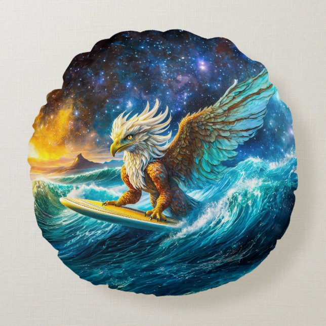 Surfing Eagle Design von Rich AMeN Gill Rundes Kissen (Vorderseite)