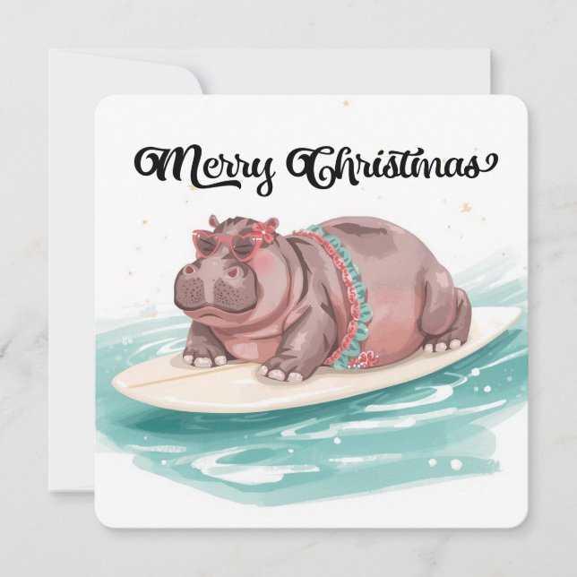 Surfing Hippo Bikini Christmas  Feiertagskarte (Vorderseite)