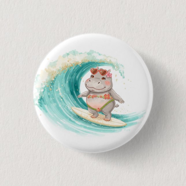 Surfing Hippo Christmas Bikini on big wave Button (Vorderseite)