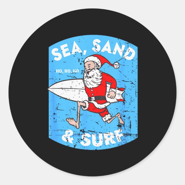 Surfing Santa - Christmas Surfboarding Santa Claus Runder Aufkleber (Vorderseite)