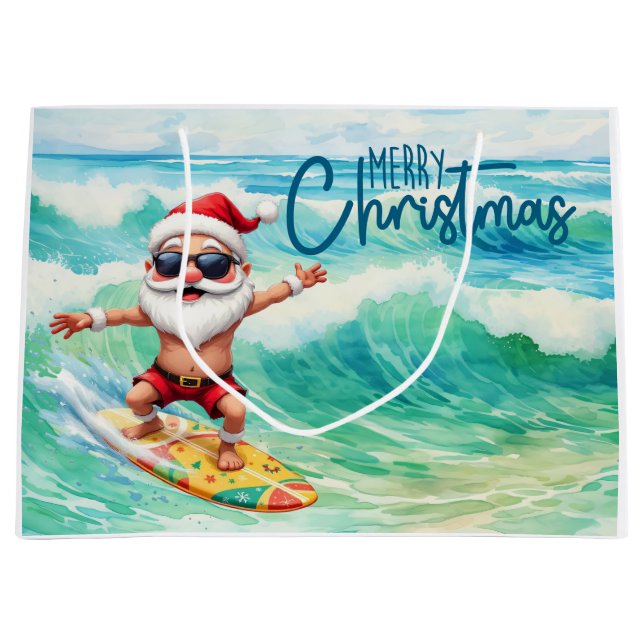 Surfing Santa is on big wave in Hawaii  Große Geschenktüte (Vorderseite)