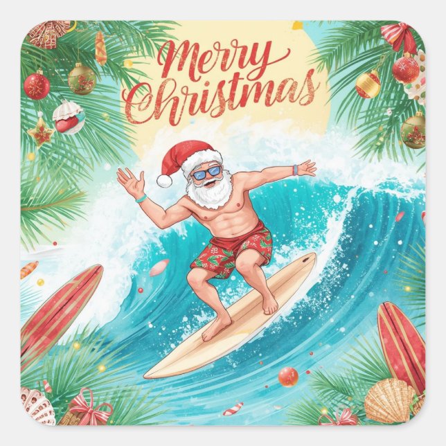 Surfing Santa Merry Christmas Coastal Holiday  Quadratischer Aufkleber (Vorderseite)