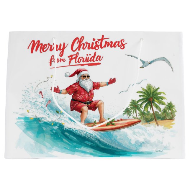Surfing Santa Merry Christmas from Florida Große Geschenktüte (Vorderseite)