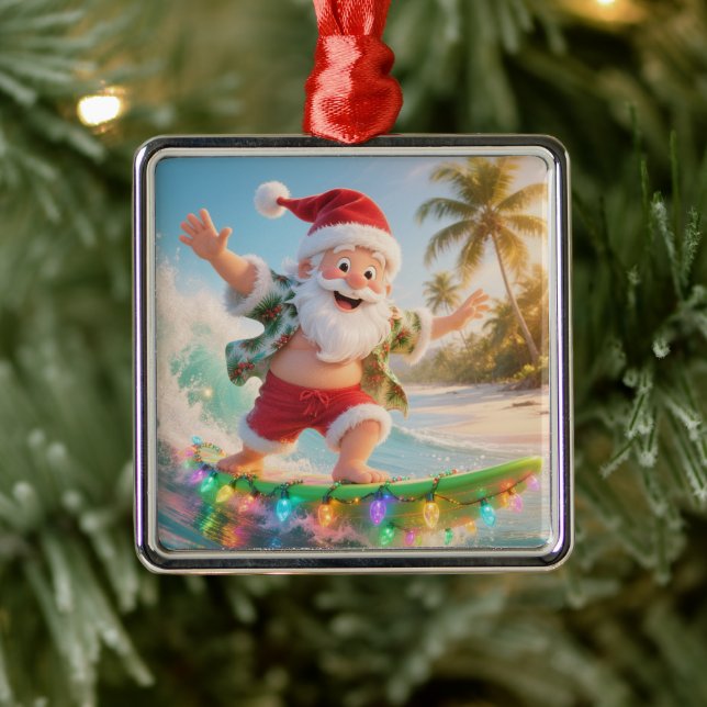 Surfing Santa Tropical Christmas Ornament Aus Metall (Baum)