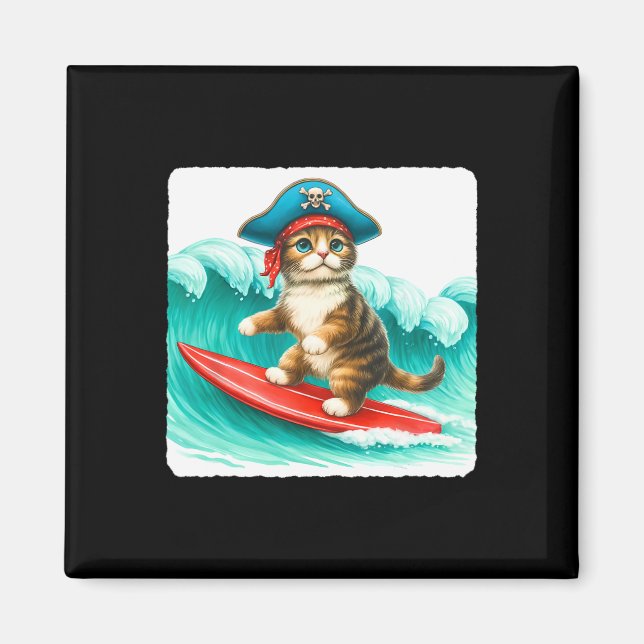 Surfkater mit Piratenhut auf Surfbrett. Wellen Pl Magnet (Vorne)