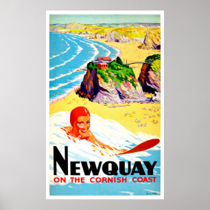 Surfmädchen am Strand von Newquay, Cornwall, Vinta Poster