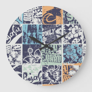 Surfpatchwork: Vintages Grunge-Muster Große Wanduhr